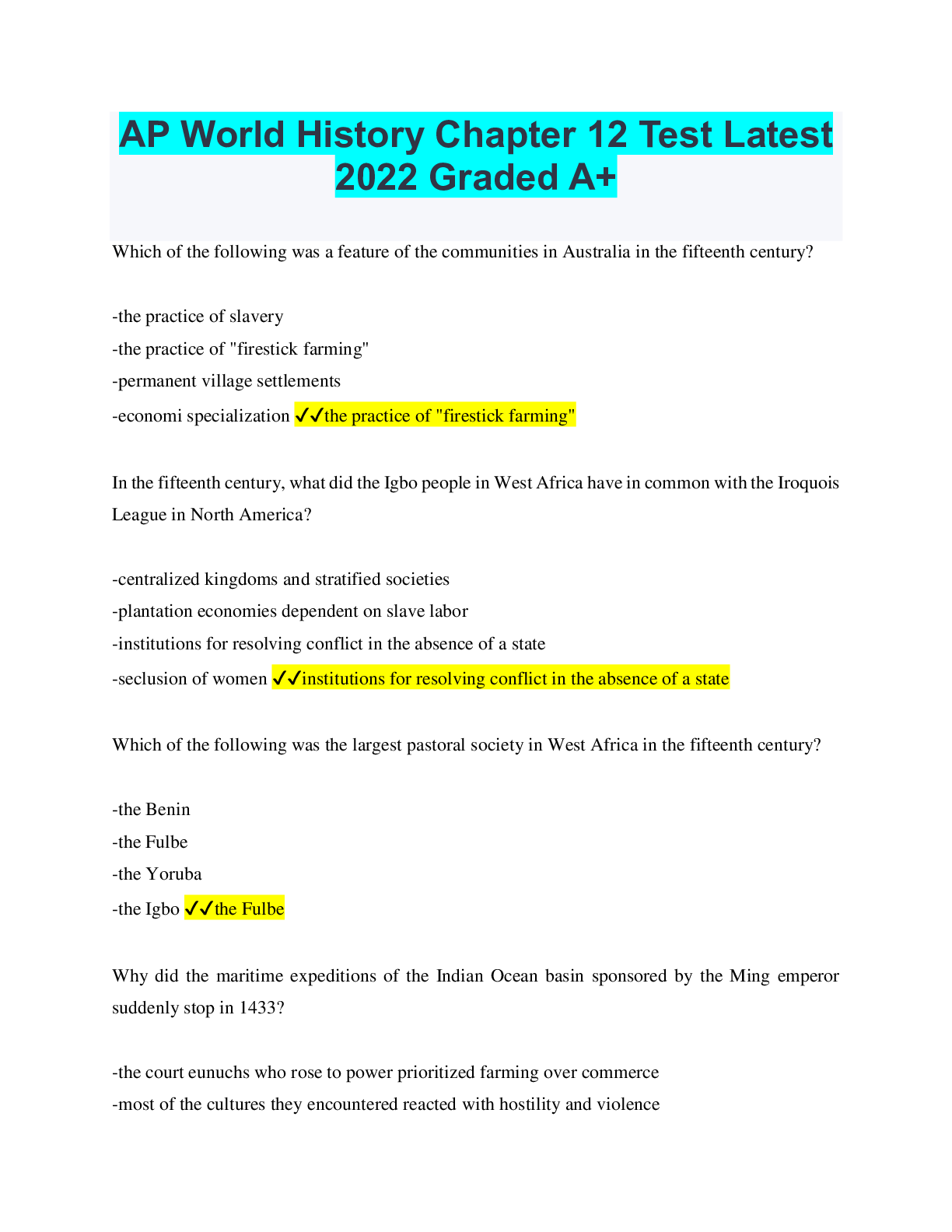 AP World History Chapter 12 Test Latest 2022 Graded A+ Browsegrades
